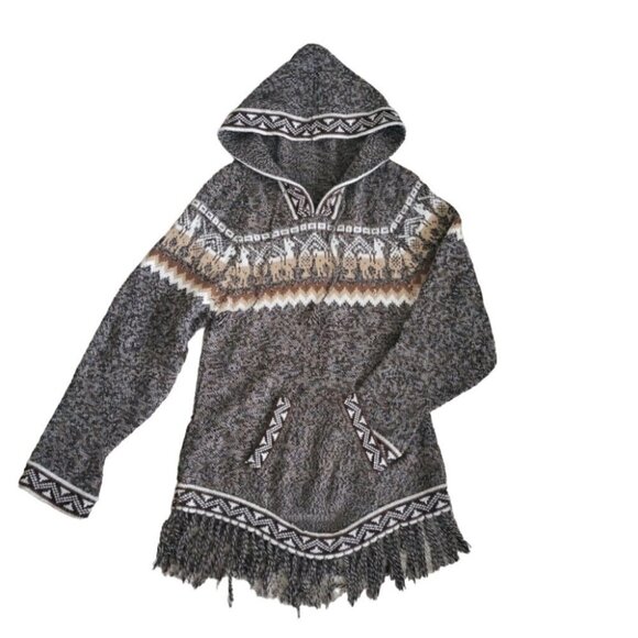 Peruvian Handmade Alpaca Hooded Sweater Ethnic Motifs Fringed Hem - Picture 3 of 9